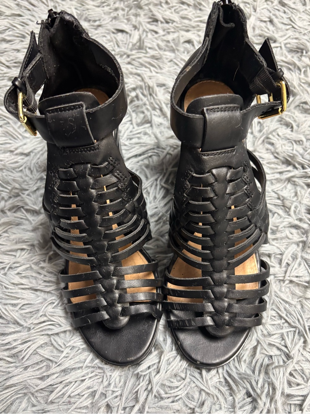 Y2K Black Strappy Block Heels with Buckle